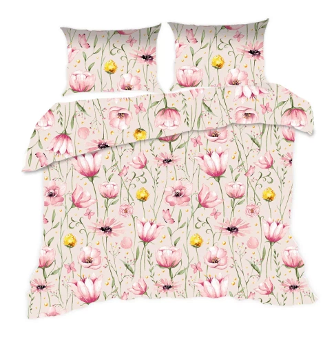 1744N Biancheria da letto in cotone Classic E24 Karo flowers powder beige - 100% cotone, resistente, colorato, set da 2 pezzi