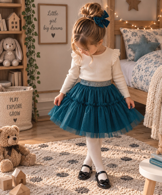 Gonna bambina verde ST119 in tulle morbido metallizzato con elastico in vita