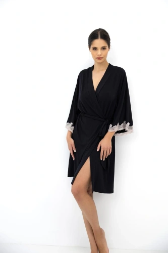 Accappatoio donna Sensis Dione in bambù con pizzo, manica 7/8, con cintura