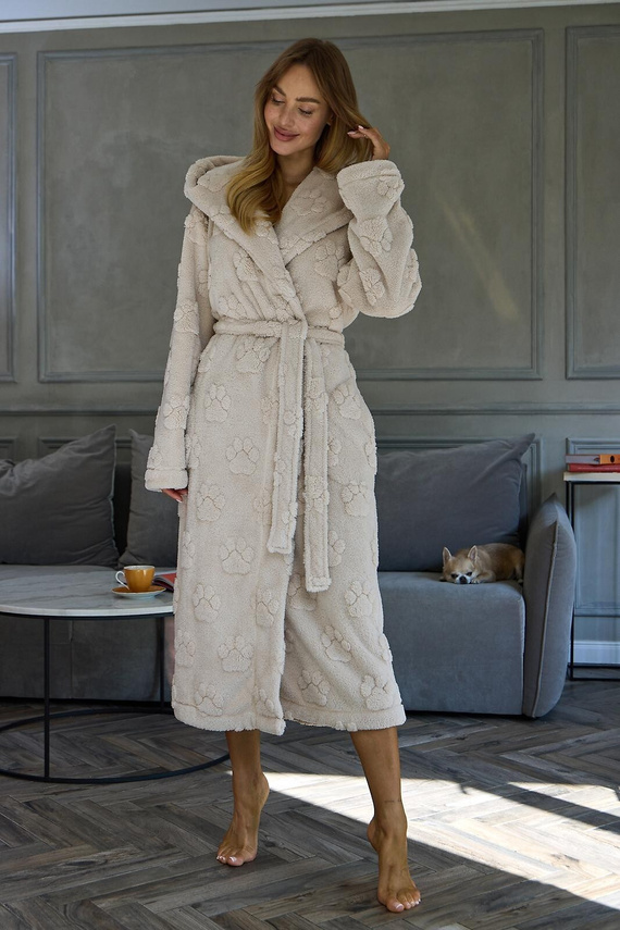 L&L Fibi 2635 Accappatoio donna lungo con cappuccio morbido motivo zampe di cane - angora