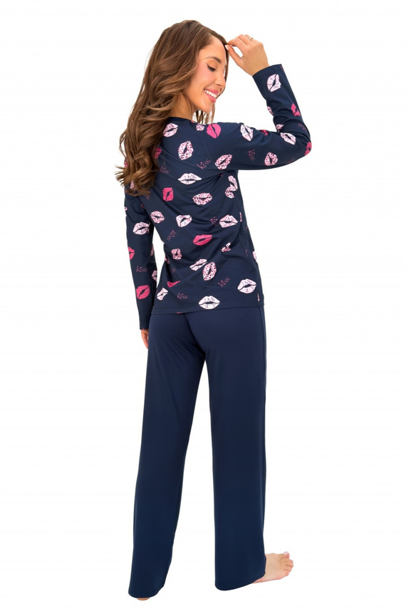 Donna Kiss Long pigiama donna blu navy 100% cotone pantaloni lunghi