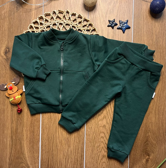 Mamatti DR919 tuta bambini in cotone verde con felpa con zip e collo alto, pantaloni con tasche