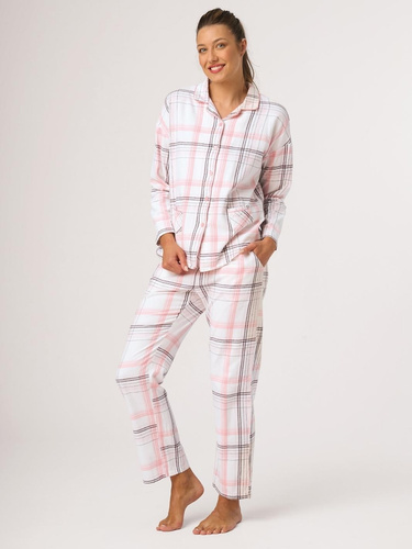 Pigiama donna in flanella Key LNS 415 B26 bianca a quadri, 100% cotone