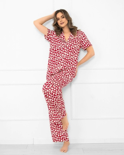 Ksenia Italian Fashion - pigiama da donna in cotone con cuori, camicia con bottoni, pantaloni lunghi con tasche
