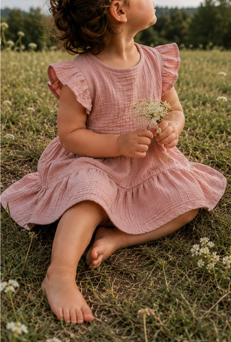 Vestito bambina in mussola Mamatti SE50510 rosa antico cotone