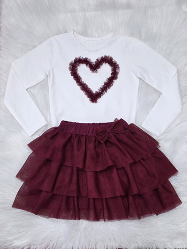 Mia Bambarillo camicetta da bambina in cotone ecrù bordeaux con cuore in tulle