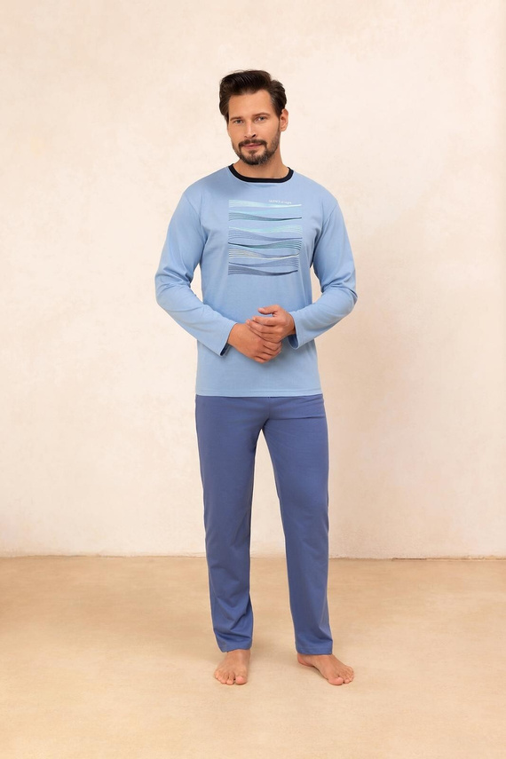 Regina 492 blu - pigiama da uomo in cotone a maniche lunghe, taglio classico