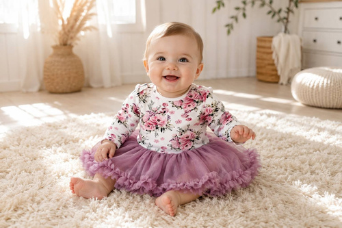 Sukienko-body Bambarillo Piwonie bambina in cotone con gonna in tulle