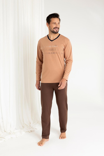 Regina 495 -Pigiama uomo beige in cotone a maniche lunghe, taglio classico