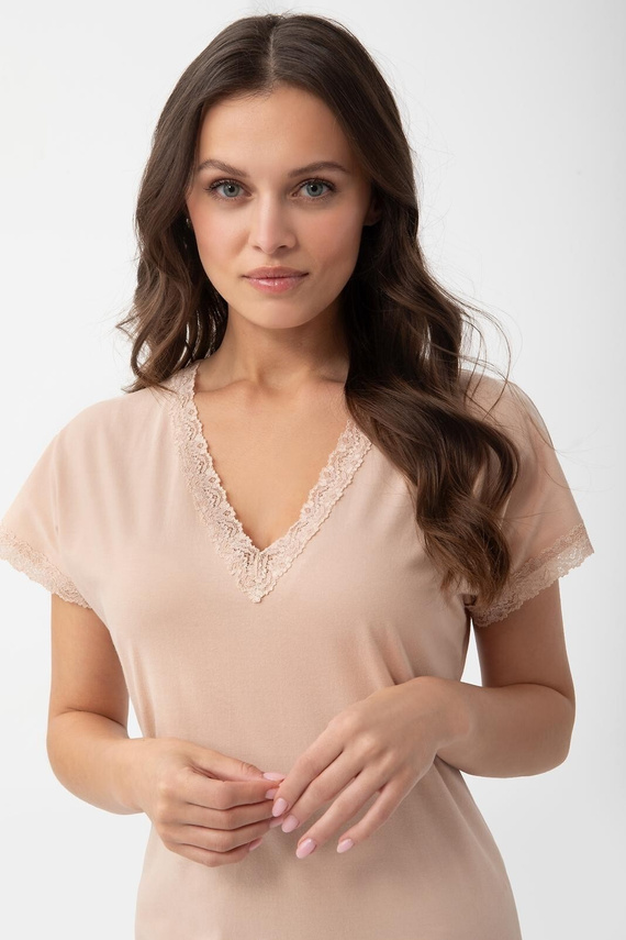 1004 Luna Camicia da Notte Donna in Cotone con Pizzo e Scollo a V