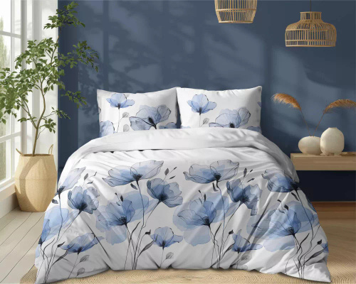 5496 A Biancheria da letto in cotone bianco con fiori blu acquerellati Naturalis- Detexpol