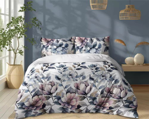 5498 A Biancheria da letto in cotone bianco con fiori blu polvere Naturalis- Detexpol