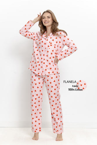 Pigiama donna Taro Sorella 3628 in flanella 100% cotone con apertura e stampa cuori
