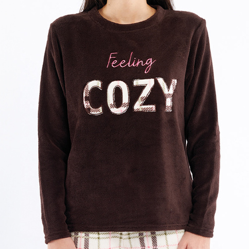 Pigiama marrone Liliana Sorbetto - caldo pile a quadri con ricamo