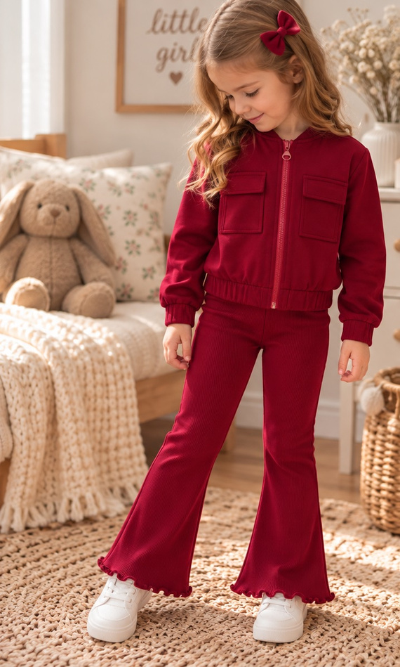 Mamatti DR820 Bordò Tuta Bambina Bomber con Zip e Leggings a Zampa a Costine