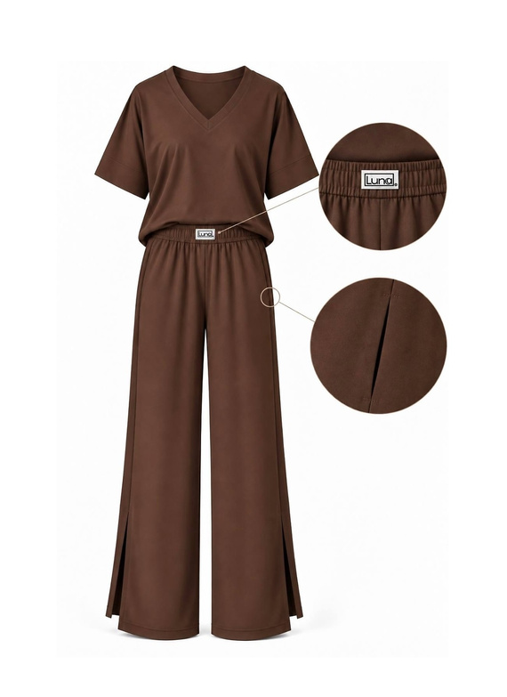 Luna 1314 pigiama donna oversize marrone 100% cotone pantaloni larghi