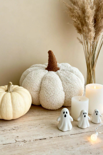 Cuscino decorativo a boucle di zucca Spod Igły i Nitki - bianco, decorazione autunnale e di Halloween