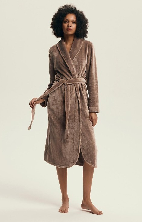 43595 Dextra Vestaglia da donna Henderson caffè, morbida, legata, sopra il ginocchio