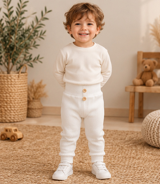 Leggings da bambino LC002 ecru in cotone a coste con bottoni per bambino