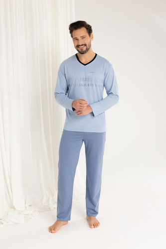 Regina 495 - pigiama da uomo blu in cotone a maniche lunghe, taglio classico