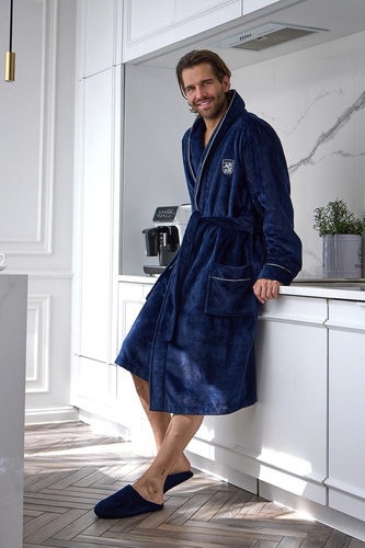L&L 2661 Elegante Accappatoio Uomo Classico con Collo a Sciarpa Morbido blu scuro