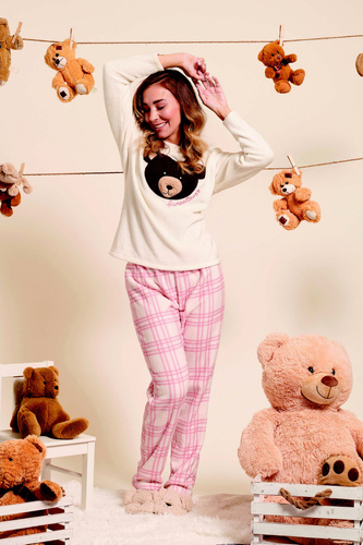 Pigiama donna Madlen Sorbetto ecrù - in pile, con ricamo orsetto e pantaloni a quadri