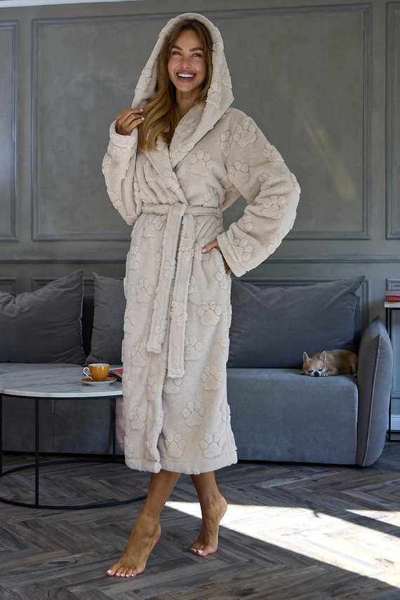 L&L Fibi 2635 Accappatoio donna lungo con cappuccio morbido motivo zampe di cane - angora