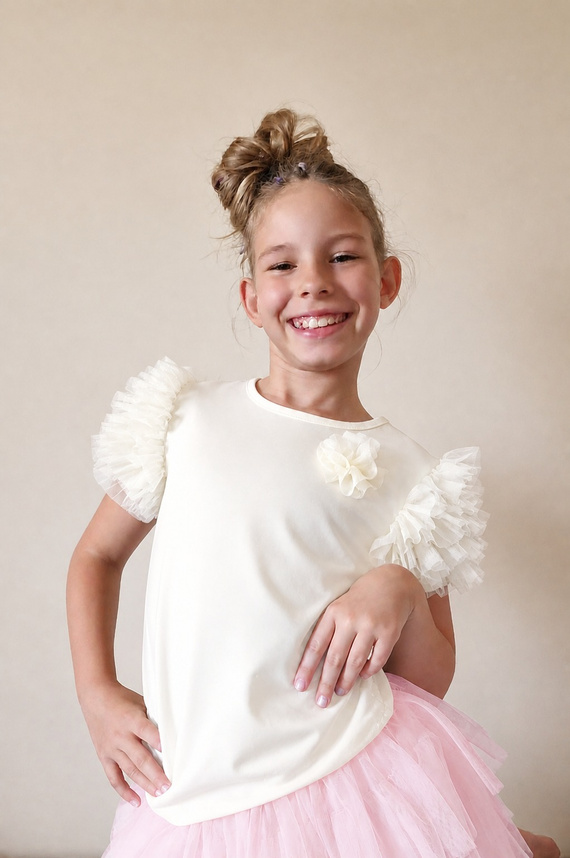 Inez Bambarillo Blusa Bambina con Balze in Tulle e Cotone ecru