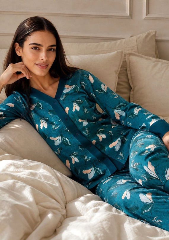 Pigiama donna Cornette 514/509 Virginia blu 100% cotone con bottoni