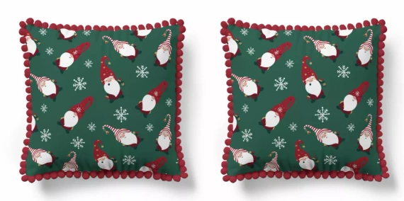 5383 Una federa decorativa natalizia Christmas Deco Detexpol con gnomi e fiocchi di neve su sfondo verde - zip