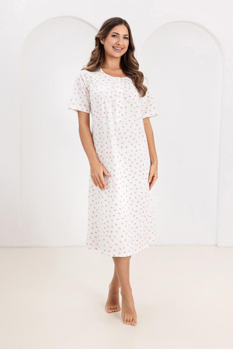 019 Regina Camicia da notte rosa - lunga, in cotone, con scollatura con bottoni