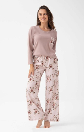 348 Pigiama da donna Luna beige - cotone, manica lunga, fantasia floreale, comfort e stile