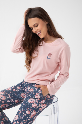 318 Pigiama donna rosa Luna - cotone, manica lunga, pantaloni a fiori, comfort e stile