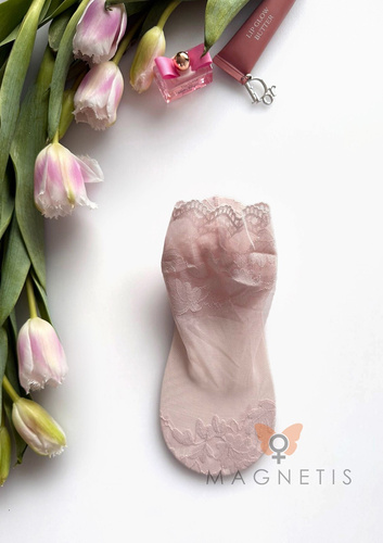 Calzini donna in pizzo Magnetis GC-251133 con motivo floreale e suola in cotone light pink