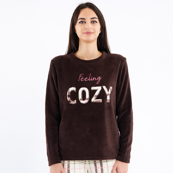 Pigiama marrone Liliana Sorbetto - caldo pile a quadri con ricamo