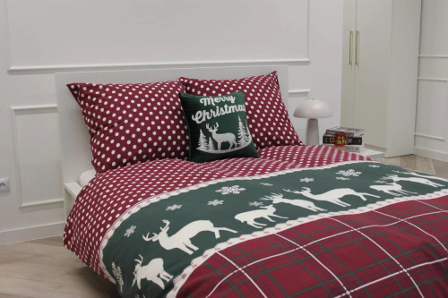 Xmass Biancheria da letto natalizia in cotone Spod Igły i Nitki - renna a scacchi rossi piselli verdi, set con cerniera, 100% cotone