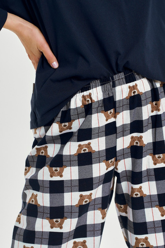 3441 Pigiama donna Astrid in cotone Taro blu navy - manica lunga, pantaloni in flanella a quadri