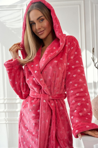 Accappatoio da donna 2551 Amira L&L lampone - lungo con cappuccio | Eleganza e comfort