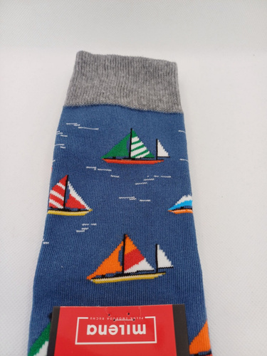 Milena Avangard 0125-117 - Calze da uomo in cotone "Sailboats" - Produzione polacca - denim
