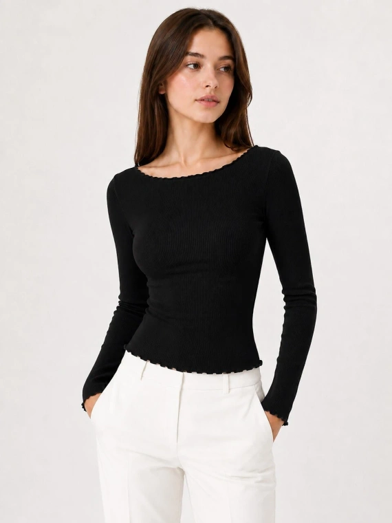 Blusa donna Raily Eldar Active in viscosa a coste, manica lunga, scollo a barca - nera
