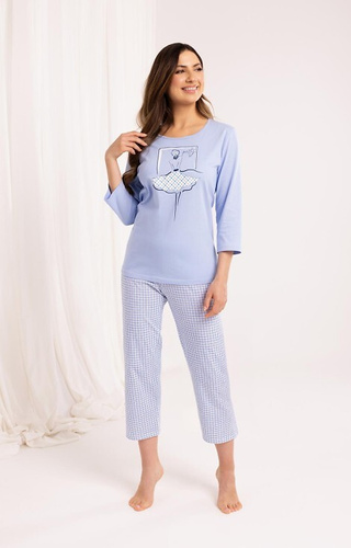 716 Pigiama da donna blu Regina - cotone, manica 3/4, pantaloni 7/8 fantasia