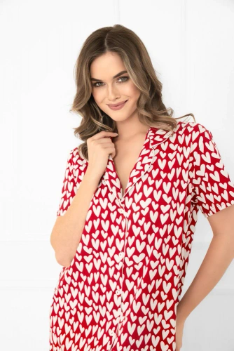 Ksenia Italian Fahion - camicia da notte da donna in cotone con cuori, abbottonata, a maniche corte