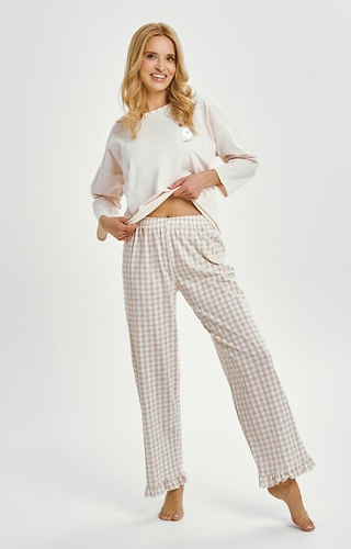 3438 Pigiama donna Vera Taro in cotone beige - manica lunga, pantalone a quadri con balze