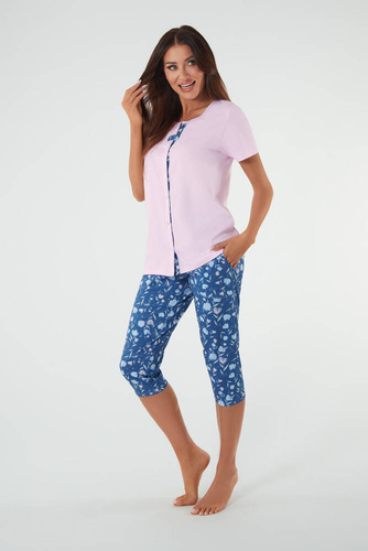 Pigiama donna manica corta, pantaloni 3/4 Moda italiana rosa/stampa