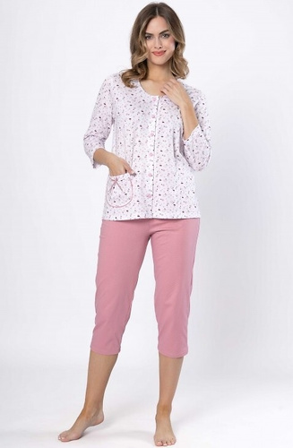 Pigiama da donna Dobrusia 1636 - cotone rosa, manica 3/4, abbottonato