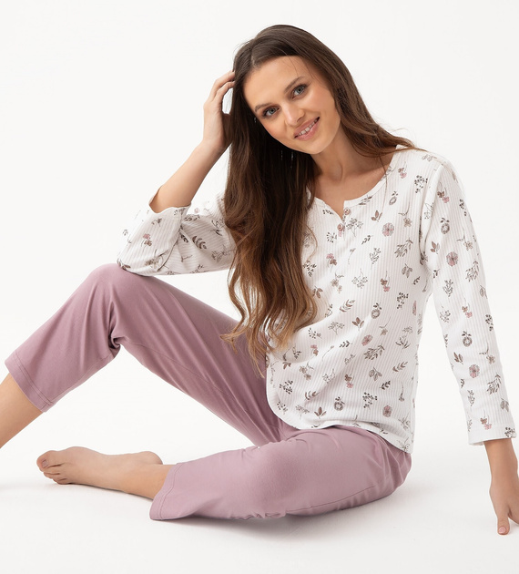 317 Pigiama da donna Luna ecru - cotone, manica lunga, comfort classico