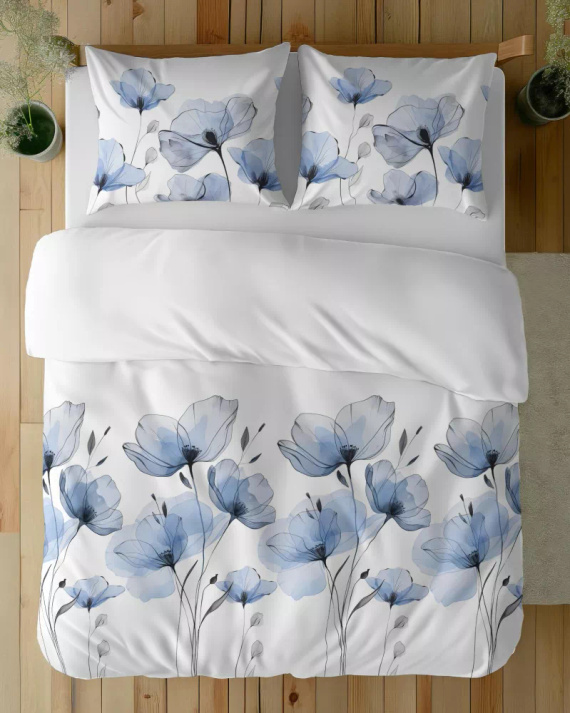 5496 A Biancheria da letto in cotone bianco con fiori blu acquerellati Naturalis- Detexpol