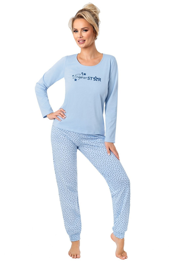 Pigiama da donna Donna Star Long blu - cotone, manica lunga, confezionato in busta di plastica