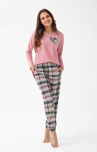 322 Luna pink - pigiama donna in cotone, cuori, manica lunga, pantaloni a quadri