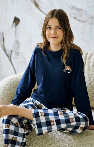 3503 Pigiama da bambina Astrid Taro blu navy - cotone, stampa, pantaloni a quadri